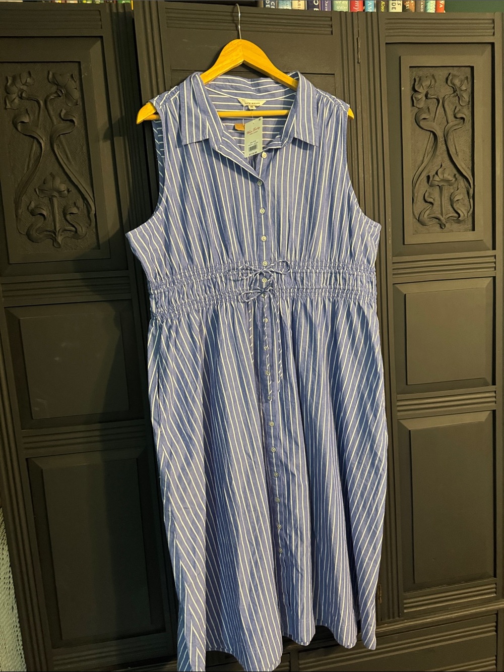 NEW Lucky Brand Sleeveless Blue Stripe Button Up Dress with Drawstring Bow Waist